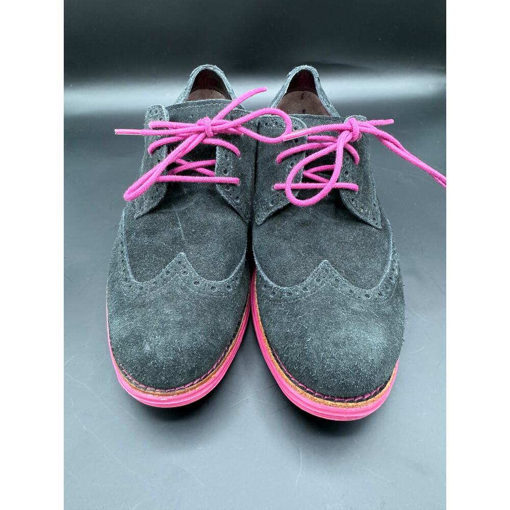 Cole Haan Lunargrand Black Suede Wingtip Pink Soles Shoes Womens 7
